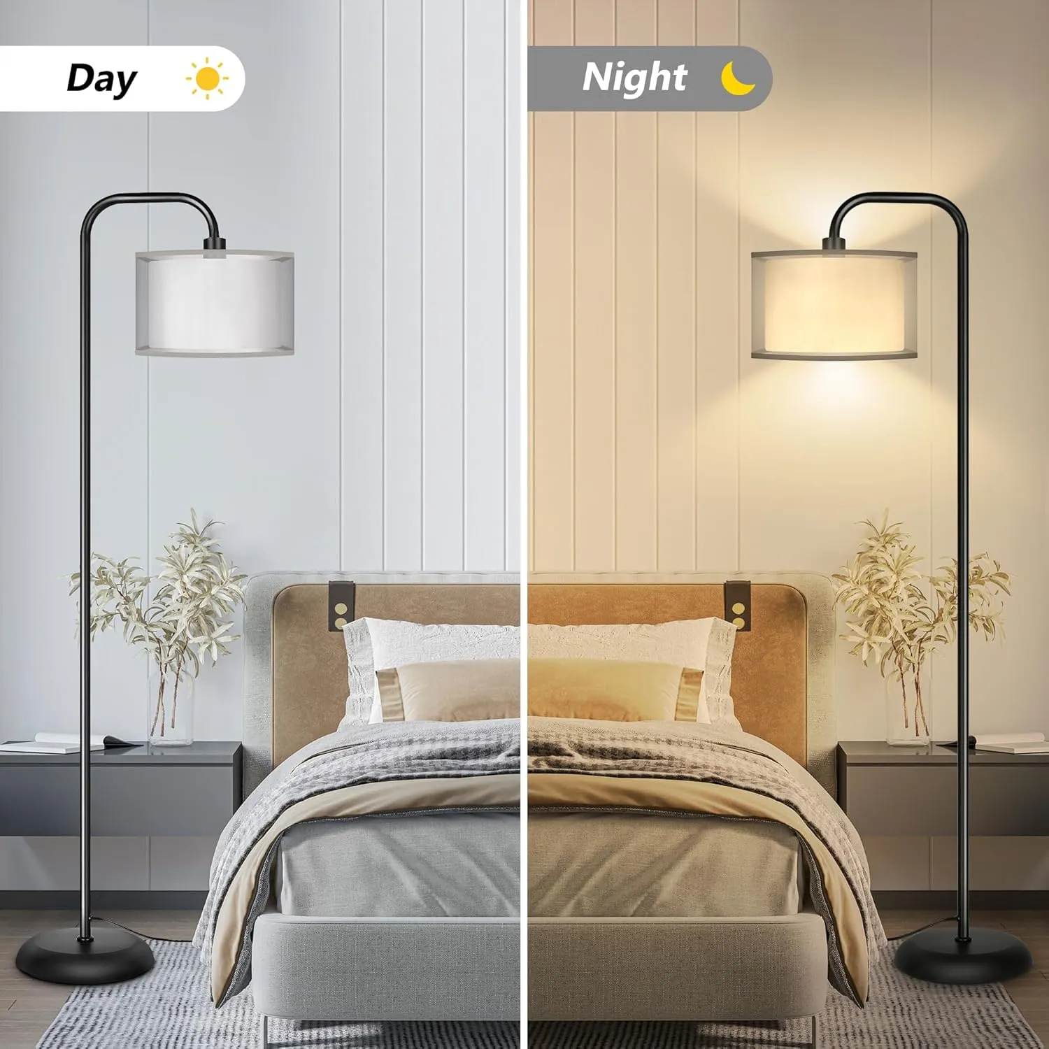 PARTPHONER LED Floor Lamp for Living Room, Modern Standing Lamp with Foot Switch Grey Organza Fabric Shade Tall Pole Reading Lamp for Bedroom Study Room Office, 9W Bulb Included
