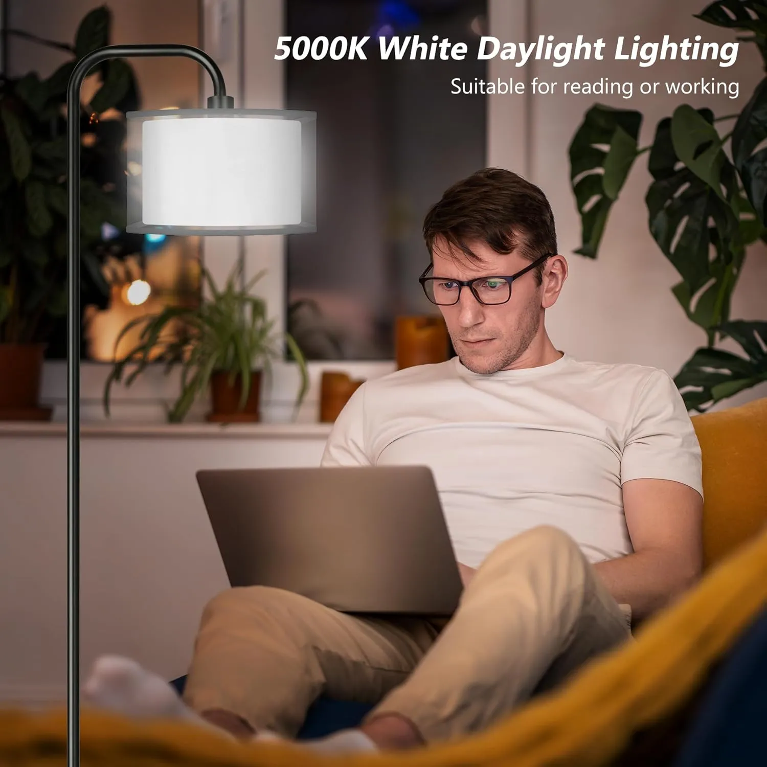 PARTPHONER LED Floor Lamp for Living Room, Modern Standing Lamp with Foot Switch Grey Organza Fabric Shade Tall Pole Reading Lamp for Bedroom Study Room Office, 9W Bulb Included