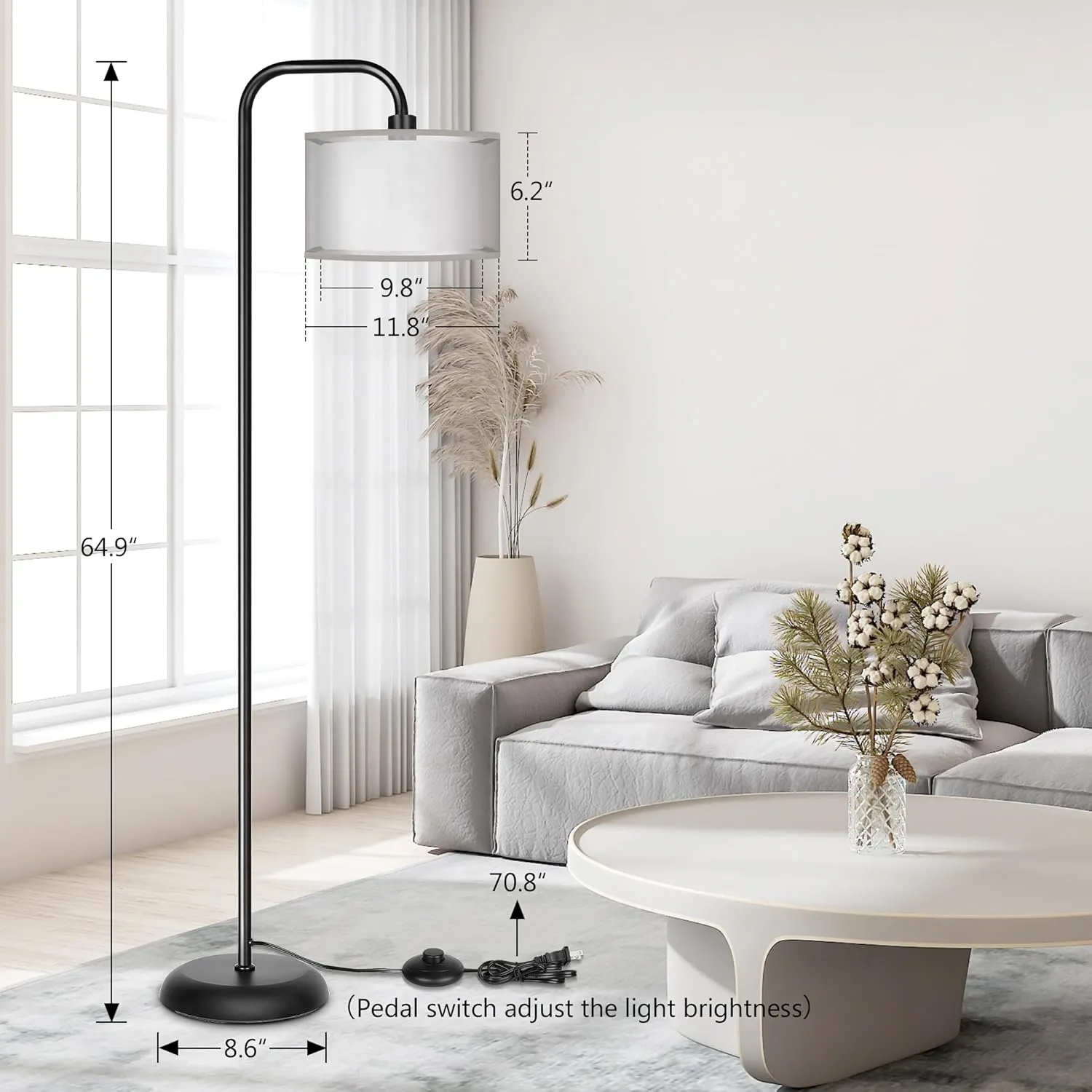 PARTPHONER LED Floor Lamp for Living Room, Modern Standing Lamp with Foot Switch Grey Organza Fabric Shade Tall Pole Reading Lamp for Bedroom Study Room Office, 9W Bulb Included