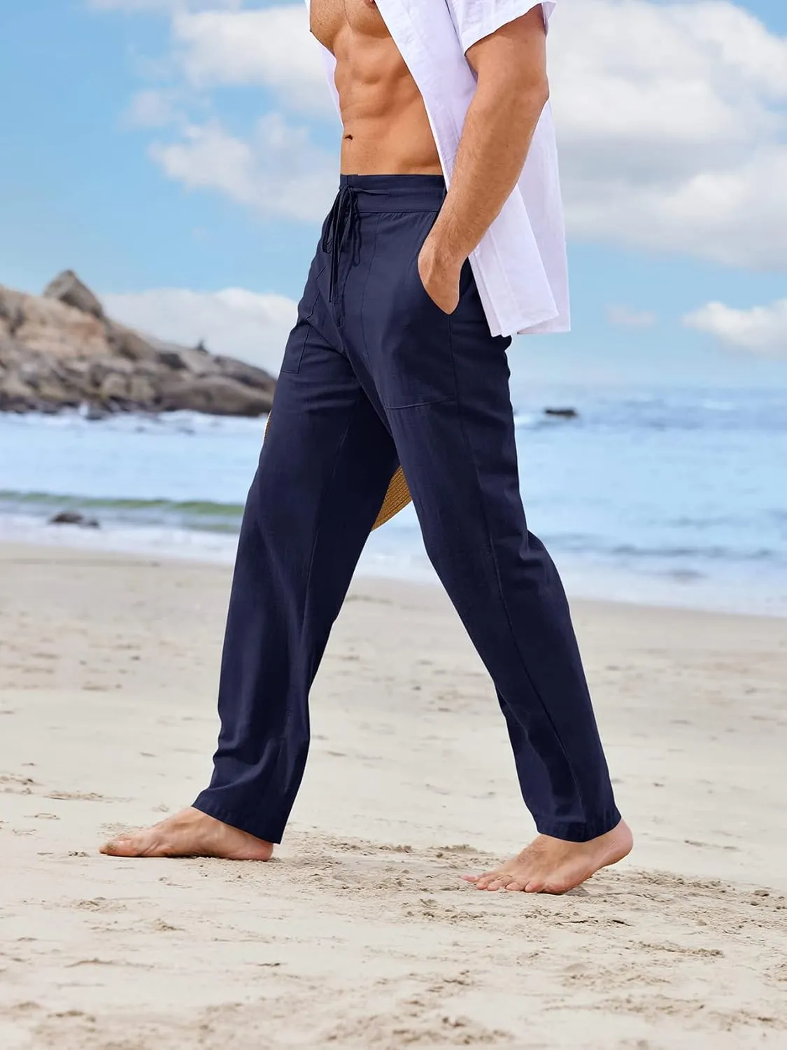 PASLTER Mens Casual Linen Pants Loose Fit Elastic Drawstring Waist Straight-Legs Summer Yoga Beach Long Pants