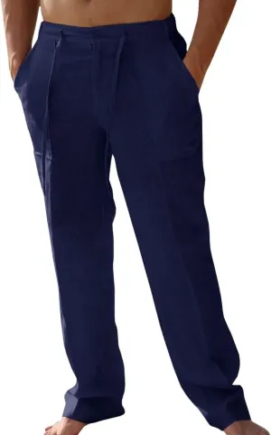 PASLTER Mens Casual Linen Pants Loose Fit Elastic Drawstring Waist Straight-Legs Summer Yoga Beach Long Pants