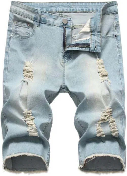 PASOK Men's Casual Denim Shorts Distressed Stretchy Jeans Shorts Ripped Short Pants