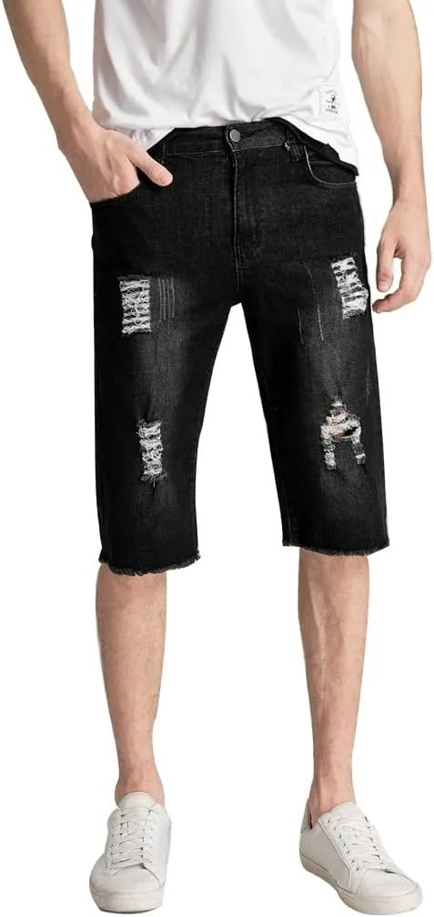 PASOK Men's Casual Denim Shorts Distressed Stretchy Jeans Shorts Ripped Short Pants