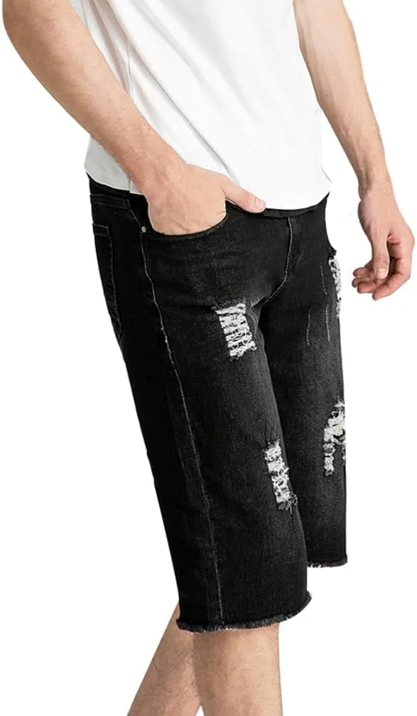 PASOK Men's Casual Denim Shorts Distressed Stretchy Jeans Shorts Ripped Short Pants