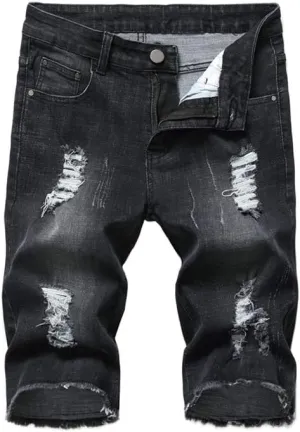 PASOK Men's Casual Denim Shorts Distressed Stretchy Jeans Shorts Ripped Short Pants