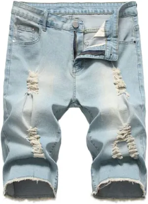 PASOK Men's Casual Denim Shorts Distressed Stretchy Jeans Shorts Ripped Short Pants