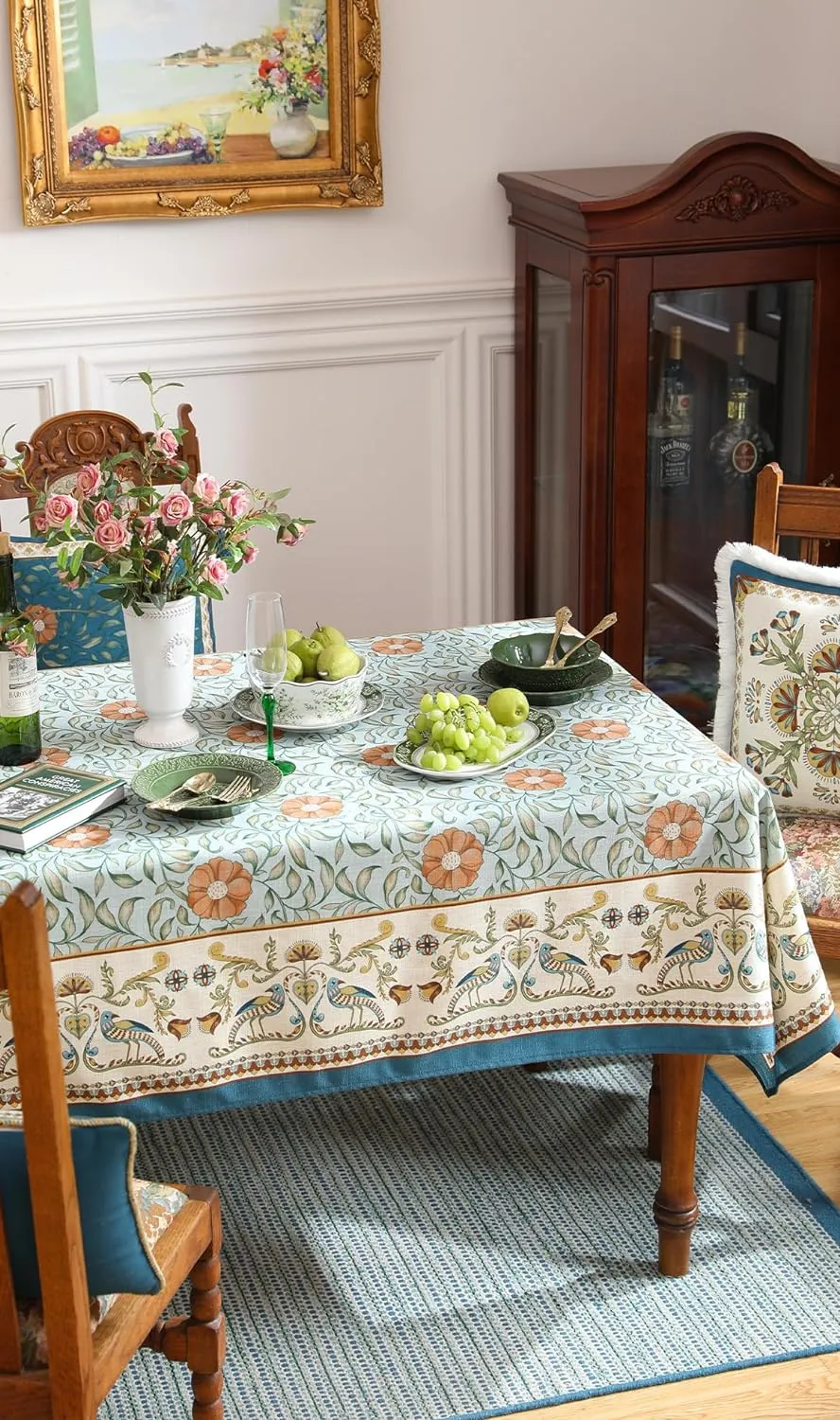 Patdrea Designer French Table Cloth, Blue Italian Floral Tablecloth, Provencal Country Spring Summer Linen Tablecloth, Wrinkle Free Table Cover for Kitchen Dining, Christmas, 55"x87"