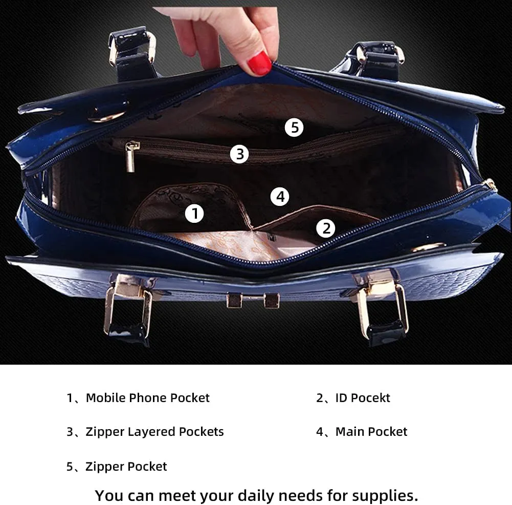 Patent Leather Handbags for Women Crocodile Print Shoulder Bag Top Handle Crossbody Bag Zipper Closure Tote Bag Purse