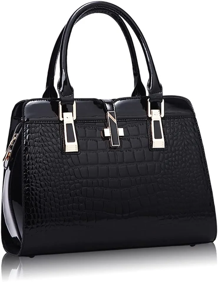 Patent Leather Handbags for Women Crocodile Print Shoulder Bag Top Handle Crossbody Bag Zipper Closure Tote Bag Purse