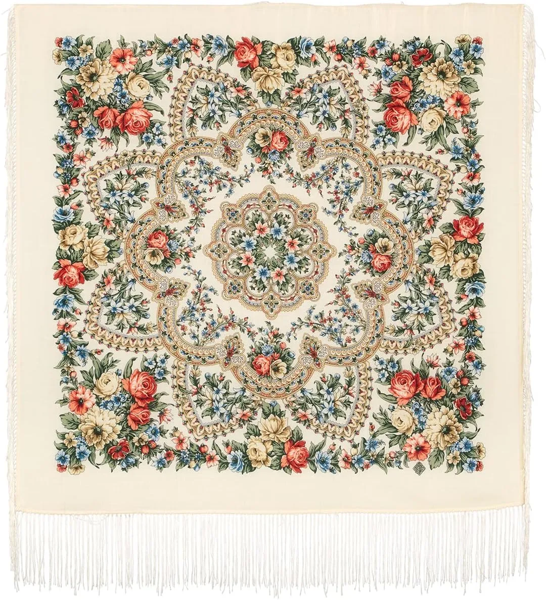 Pavlovo Posad Russian Shawl 100% Wool 89x89 cm 35x35 inches Pashmina Scarf Wrap Silk Tassels 1874-0