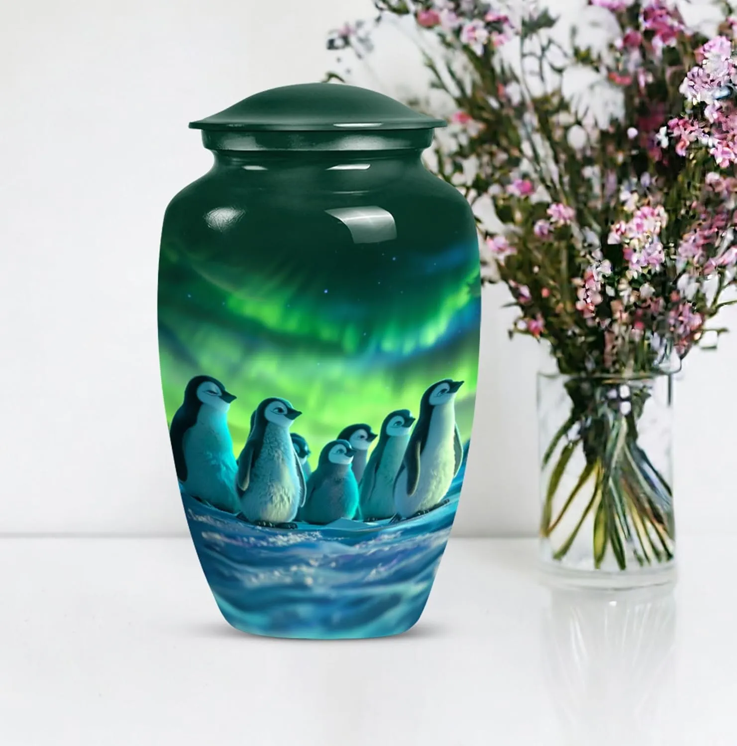 Penguin Paradise - Human Remain Urns - Funeral Urn Ashes - Combo Of 1 Large Urn With Velvet Bag And 4 Small - Metal Urn - Decorative Urns For Ashes - Memorial Urns - Urn For Cremation Ashes