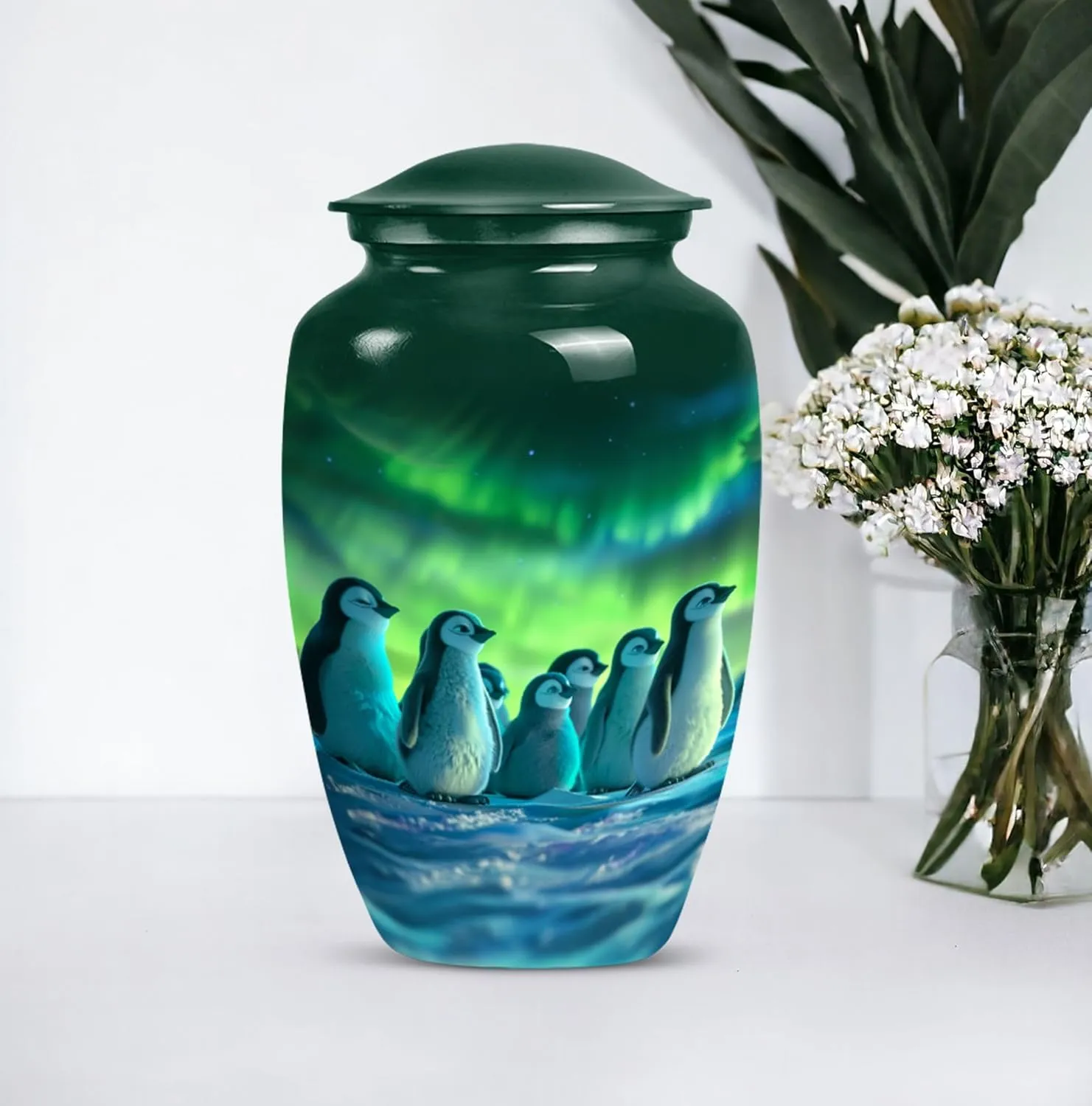 Penguin Paradise - Human Remain Urns - Funeral Urn Ashes - Combo Of 1 Large Urn With Velvet Bag And 4 Small - Metal Urn - Decorative Urns For Ashes - Memorial Urns - Urn For Cremation Ashes