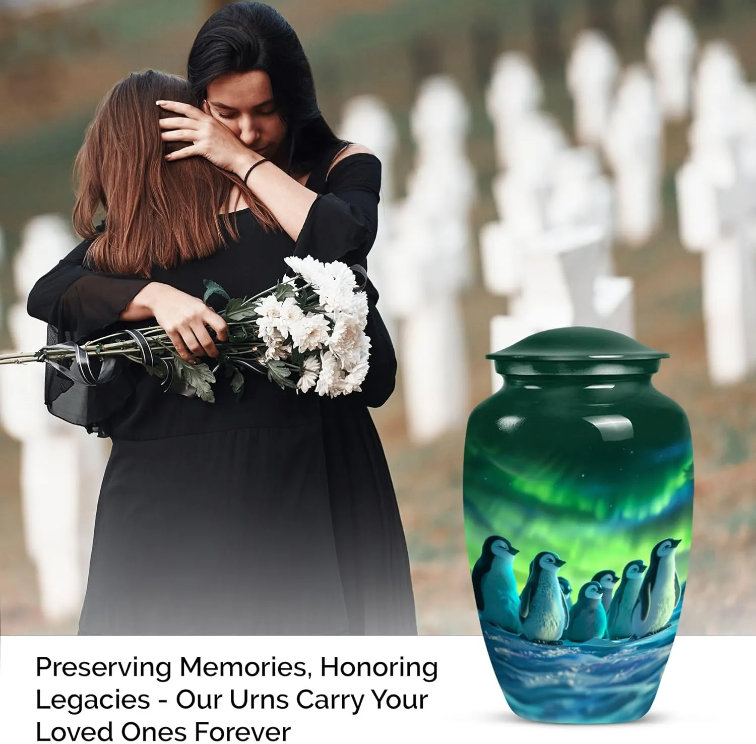 Penguin Paradise - Human Remain Urns - Funeral Urn Ashes - Combo Of 1 Large Urn With Velvet Bag And 4 Small - Metal Urn - Decorative Urns For Ashes - Memorial Urns - Urn For Cremation Ashes