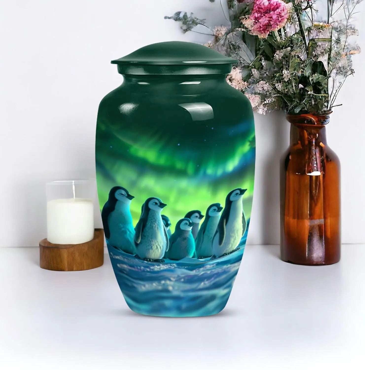 Penguin Paradise - Human Remain Urns - Funeral Urn Ashes - Combo Of 1 Large Urn With Velvet Bag And 4 Small - Metal Urn - Decorative Urns For Ashes - Memorial Urns - Urn For Cremation Ashes