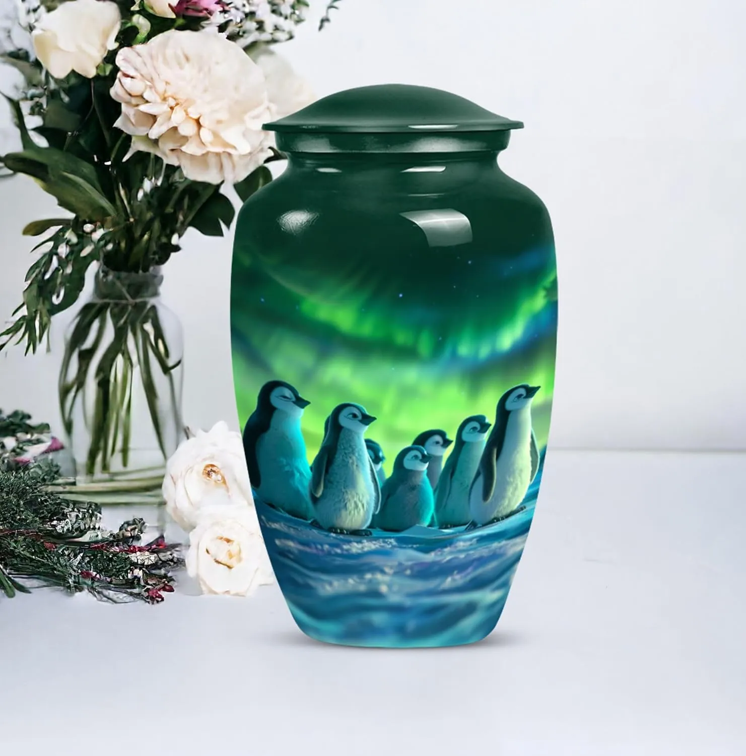 Penguin Paradise - Human Remain Urns - Funeral Urn Ashes - Combo Of 1 Large Urn With Velvet Bag And 4 Small - Metal Urn - Decorative Urns For Ashes - Memorial Urns - Urn For Cremation Ashes