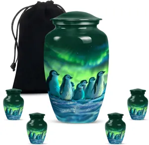 Penguin Paradise - Human Remain Urns - Funeral Urn Ashes - Combo Of 1 Large Urn With Velvet Bag And 4 Small - Metal Urn - Decorative Urns For Ashes - Memorial Urns - Urn For Cremation Ashes