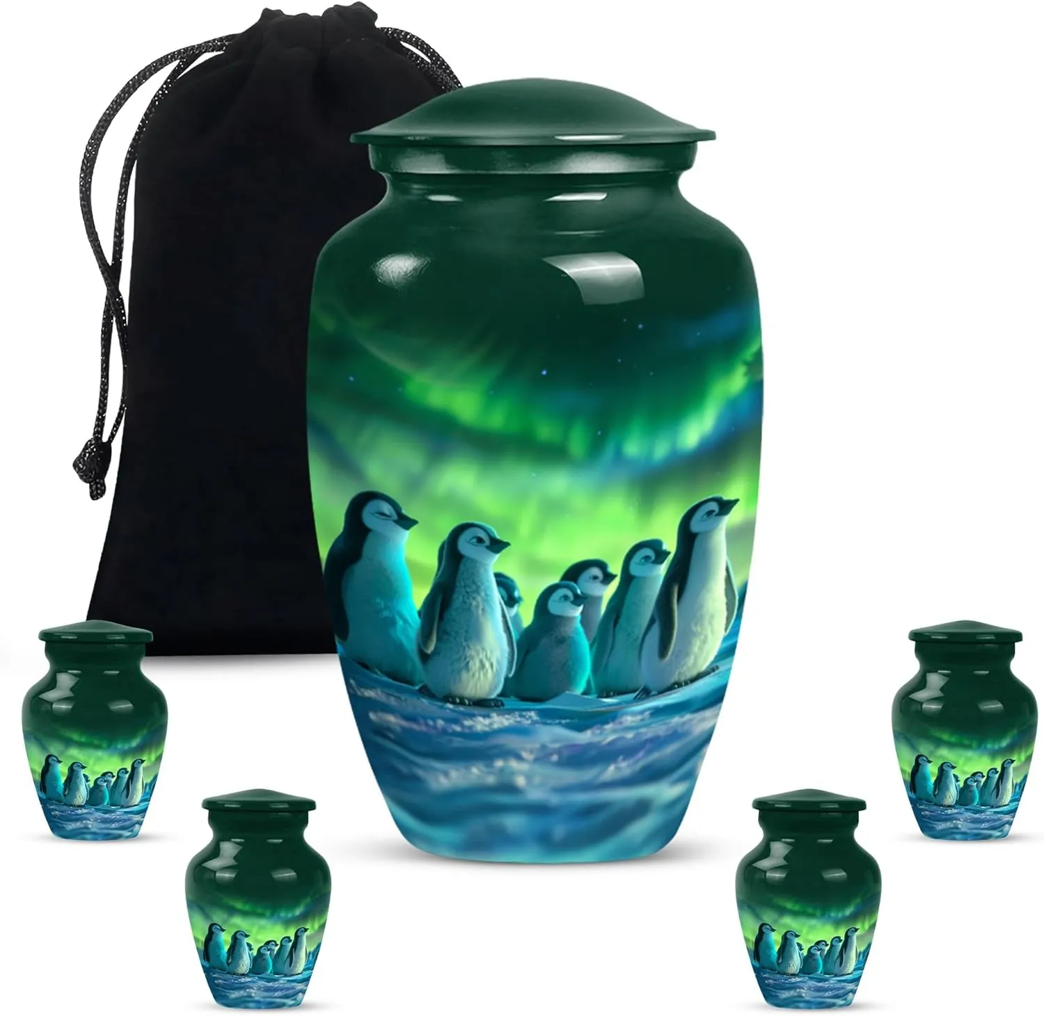 Penguin Paradise - Human Remain Urns - Funeral Urn Ashes - Combo Of 1 Large Urn With Velvet Bag And 4 Small - Metal Urn - Decorative Urns For Ashes - Memorial Urns - Urn For Cremation Ashes