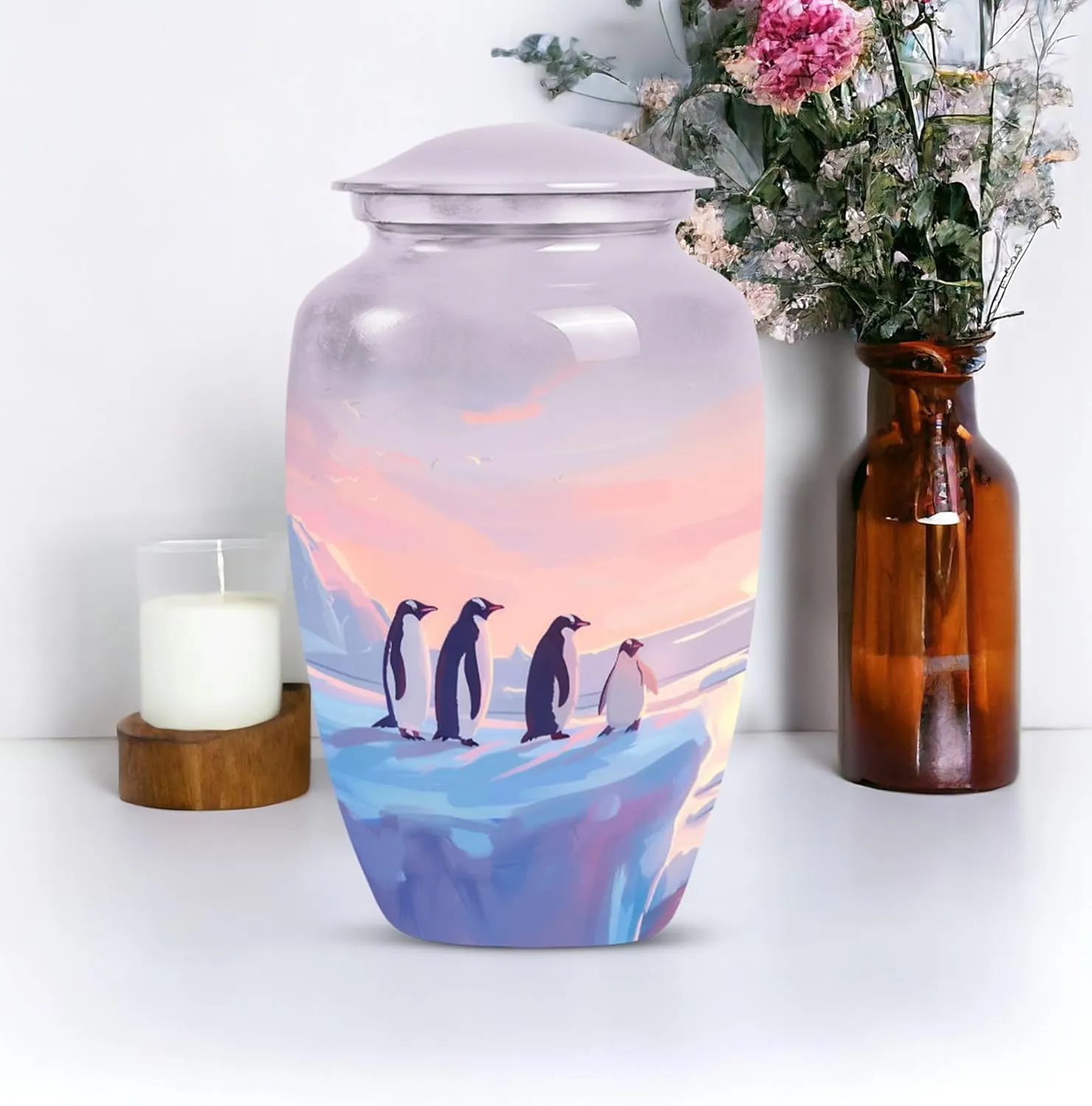 Penguin Twilight - Cremation Urns for Men - Adult Urns for Human Ashes - Combo of 1 Large Urn with Velvet Bag and 4 Small - Decorative Urns - Metal Urn - Unique Urn - Burial Urns for Ashes
