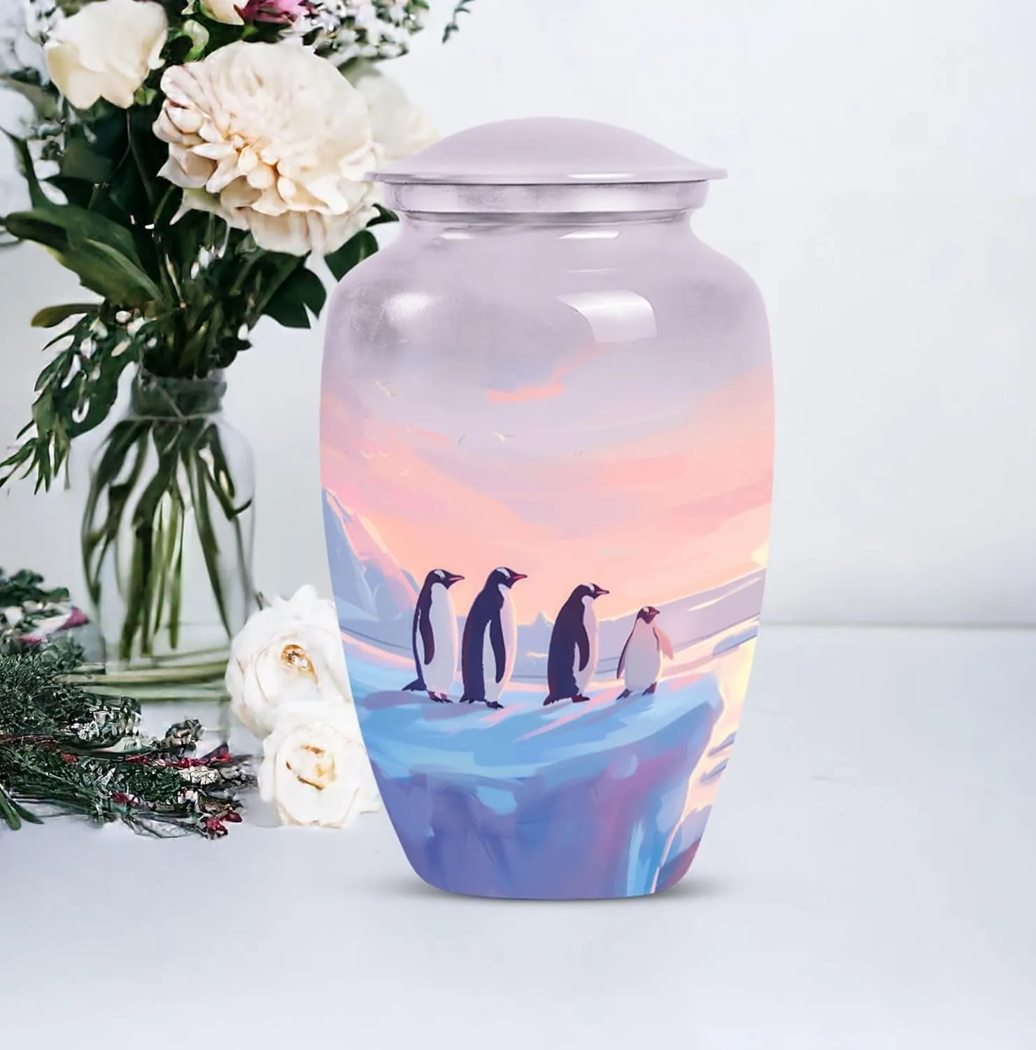 Penguin Twilight - Cremation Urns for Men - Adult Urns for Human Ashes - Combo of 1 Large Urn with Velvet Bag and 4 Small - Decorative Urns - Metal Urn - Unique Urn - Burial Urns for Ashes