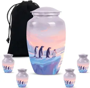 Penguin Twilight - Cremation Urns for Men - Adult Urns for Human Ashes - Combo of 1 Large Urn with Velvet Bag and 4 Small - Decorative Urns - Metal Urn - Unique Urn - Burial Urns for Ashes