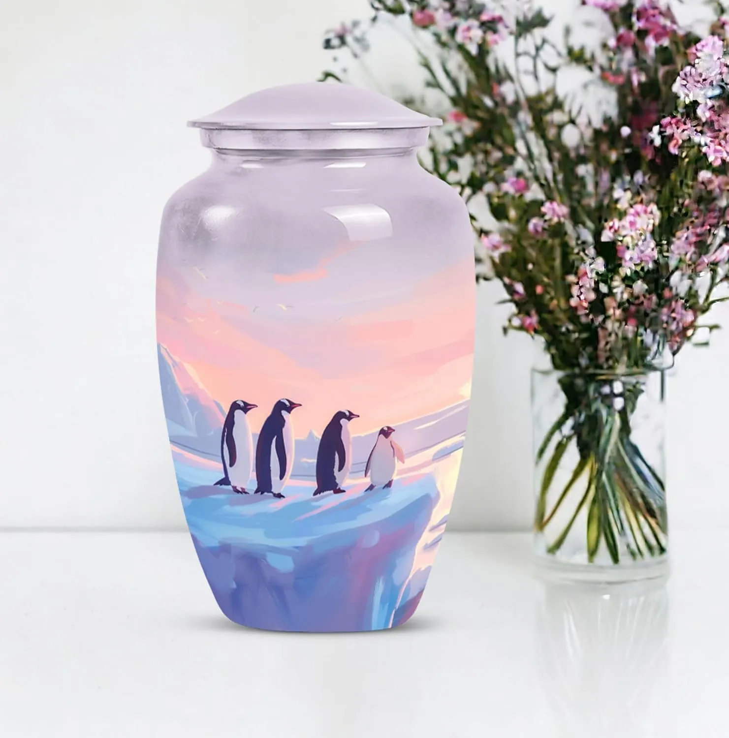 Penguin Twilight - Cremation Urns for Men - Adult Urns for Human Ashes - Combo of 1 Large Urn with Velvet Bag and 4 Small - Decorative Urns - Metal Urn - Unique Urn - Burial Urns for Ashes
