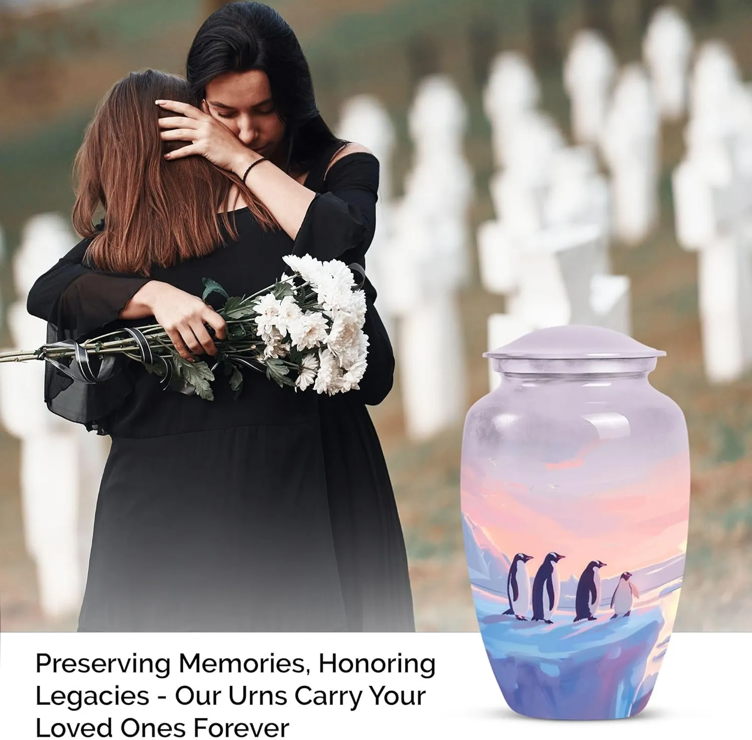 Penguin Twilight - Cremation Urns for Men - Adult Urns for Human Ashes - Combo of 1 Large Urn with Velvet Bag and 4 Small - Decorative Urns - Metal Urn - Unique Urn - Burial Urns for Ashes