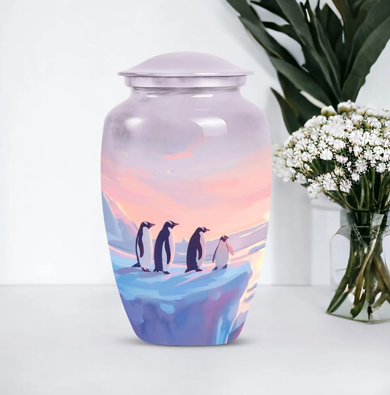 Penguin Twilight - Cremation Urns for Men - Adult Urns for Human Ashes - Combo of 1 Large Urn with Velvet Bag and 4 Small - Decorative Urns - Metal Urn - Unique Urn - Burial Urns for Ashes