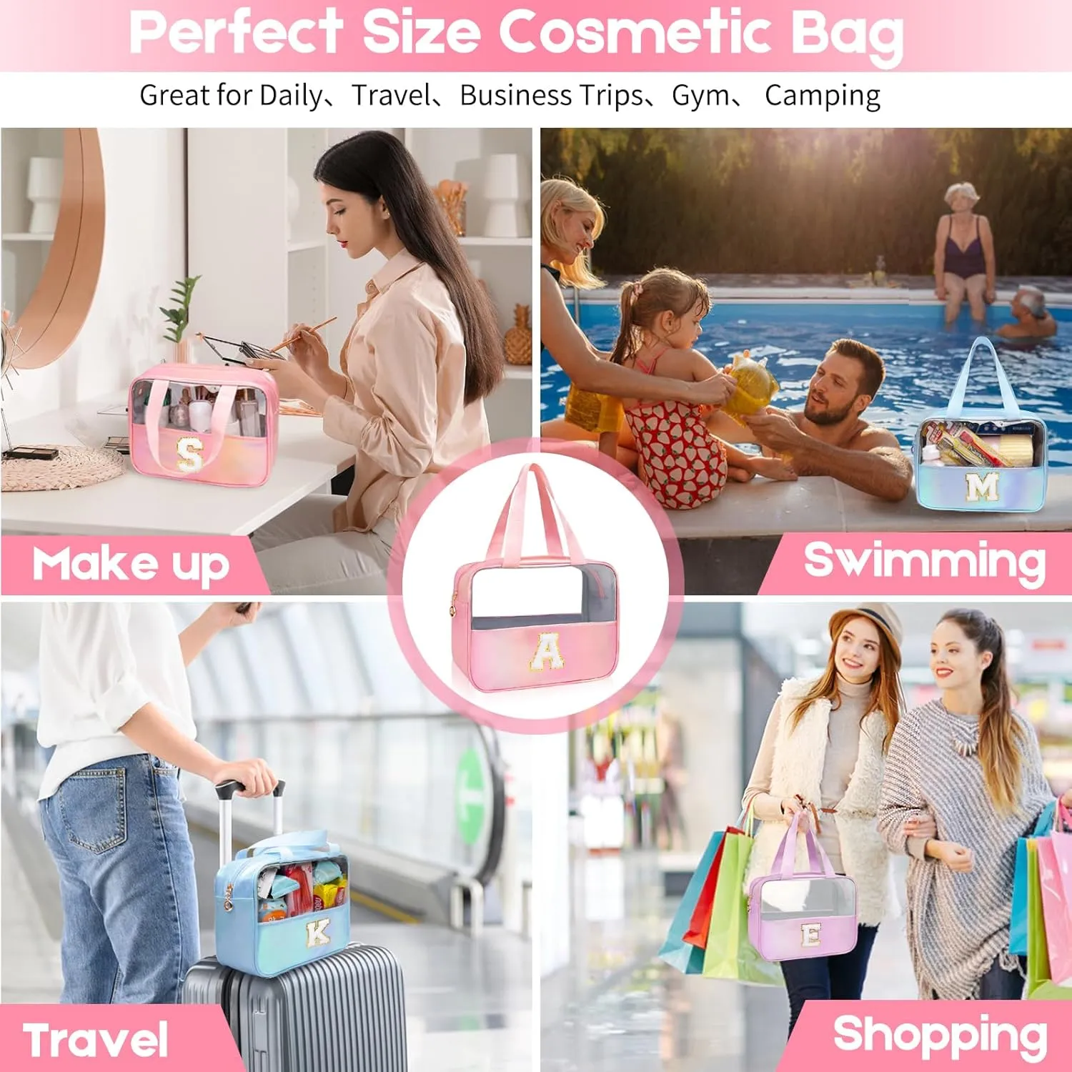 Personalized Initial Clear Makeup Bag Blue Cosmetic Bag Set Large Travel Toiletry Bag, Cute Clear Make Up Bags Organizer Bag for Girlfriend Teacher Gifts Teen Girl Gifts Trendy Stuff S (Blue）