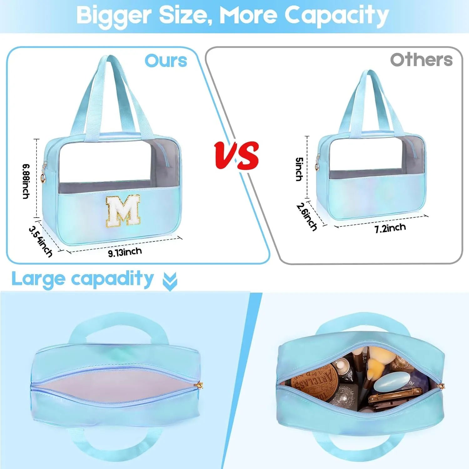 Personalized Initial Clear Makeup Bag Blue Cosmetic Bag Set Large Travel Toiletry Bag, Cute Clear Make Up Bags Organizer Bag for Girlfriend Teacher Gifts Teen Girl Gifts Trendy Stuff S (Blue）