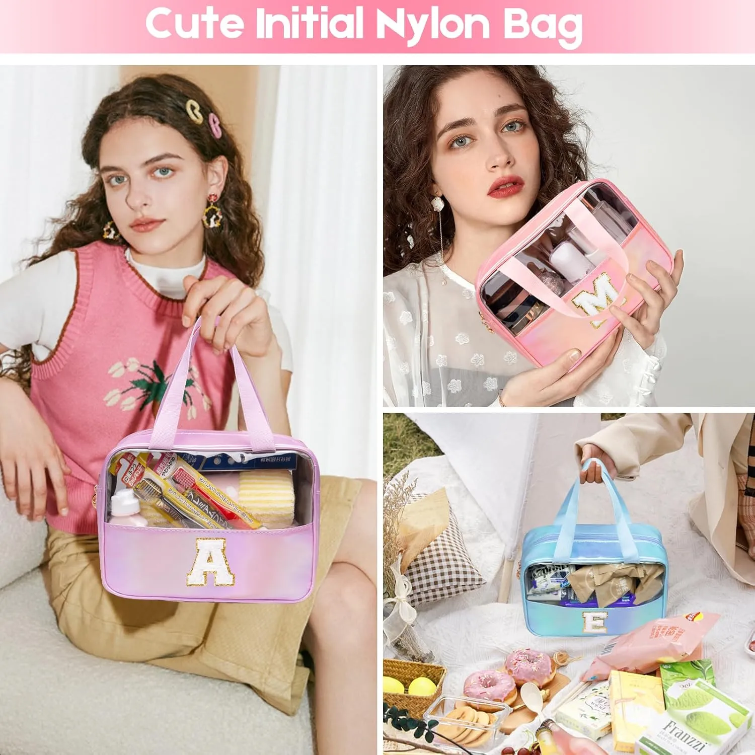Personalized Initial Clear Makeup Bag Blue Cosmetic Bag Set Large Travel Toiletry Bag, Cute Clear Make Up Bags Organizer Bag for Girlfriend Teacher Gifts Teen Girl Gifts Trendy Stuff S (Blue）