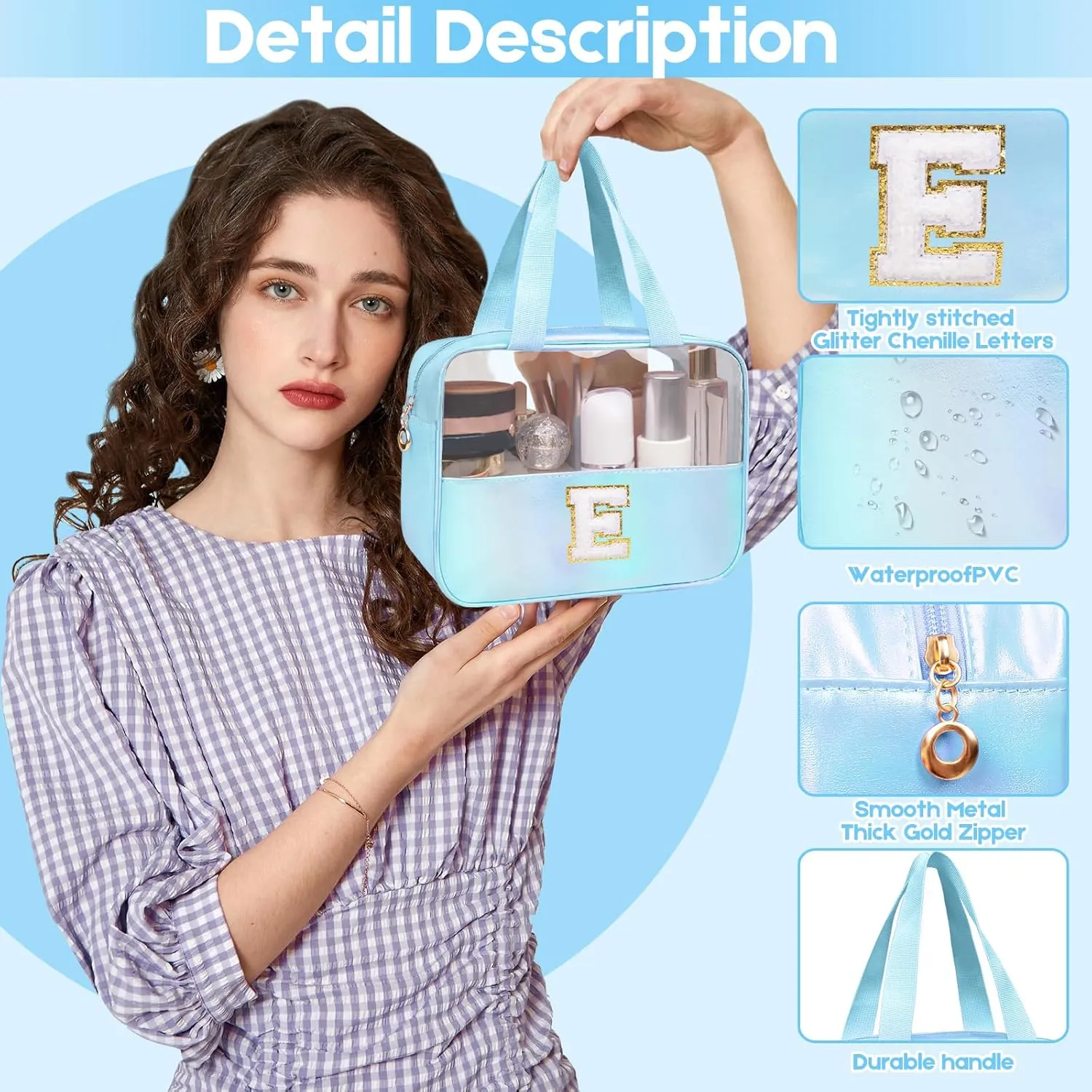 Personalized Initial Clear Makeup Bag Blue Cosmetic Bag Set Large Travel Toiletry Bag, Cute Clear Make Up Bags Organizer Bag for Girlfriend Teacher Gifts Teen Girl Gifts Trendy Stuff S (Blue）