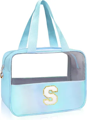 Personalized Initial Clear Makeup Bag Blue Cosmetic Bag Set Large Travel Toiletry Bag, Cute Clear Make Up Bags Organizer Bag for Girlfriend Teacher Gifts Teen Girl Gifts Trendy Stuff S (Blue）