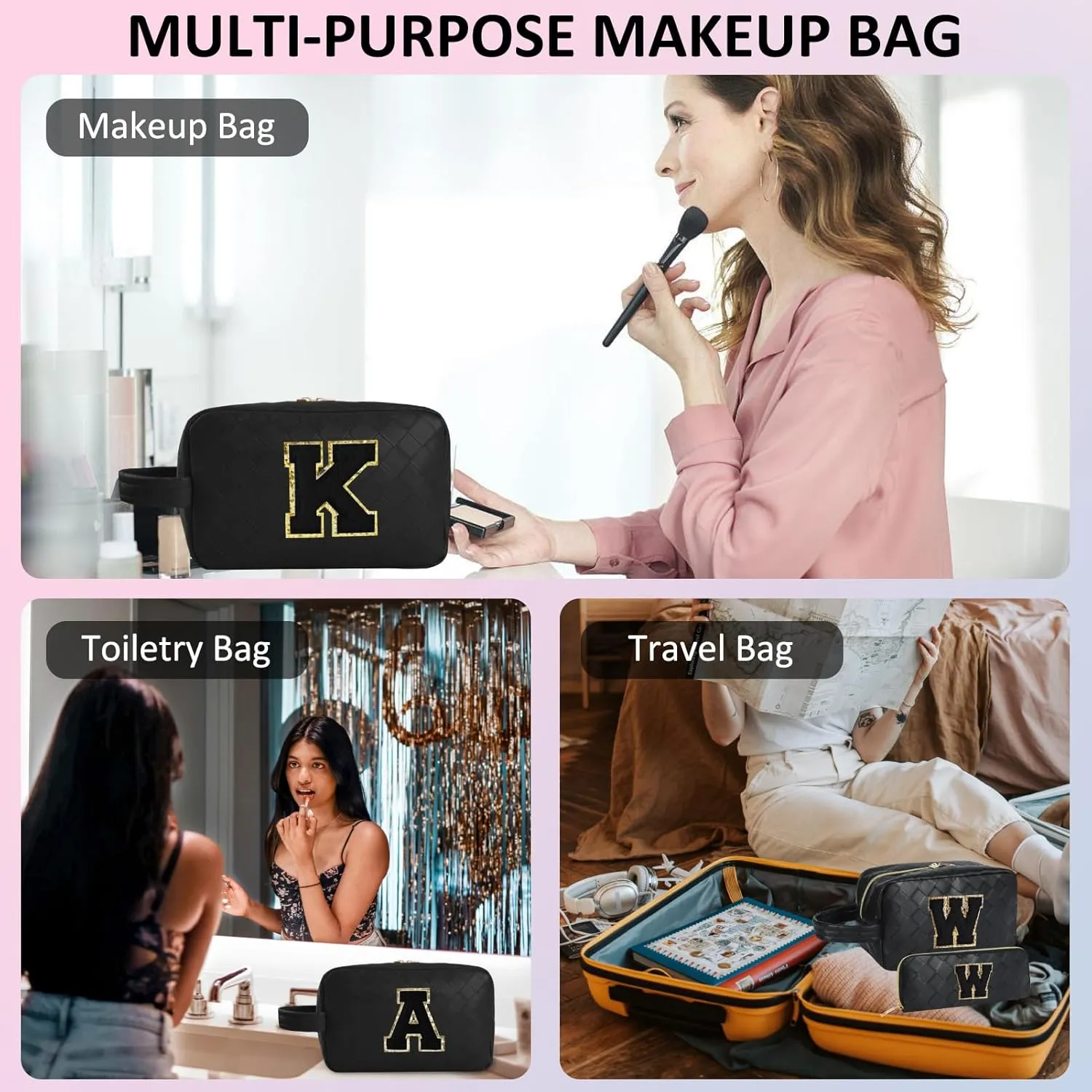 Personalized Initial Makeup Bag, Travel Cosmetic Bag with Small Makeup Brush Bag, Make Up Bags Pouch Travel Toiletry Bag, Birthday Gifts for Women Girls Valentine's Day Gifts (E, Black)