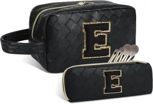 Personalized Initial Makeup Bag, Travel Cosmetic Bag with Small Makeup Brush Bag, Make Up Bags Pouch Travel Toiletry Bag, Birthday Gifts for Women Girls Valentine's Day Gifts (E, Black)