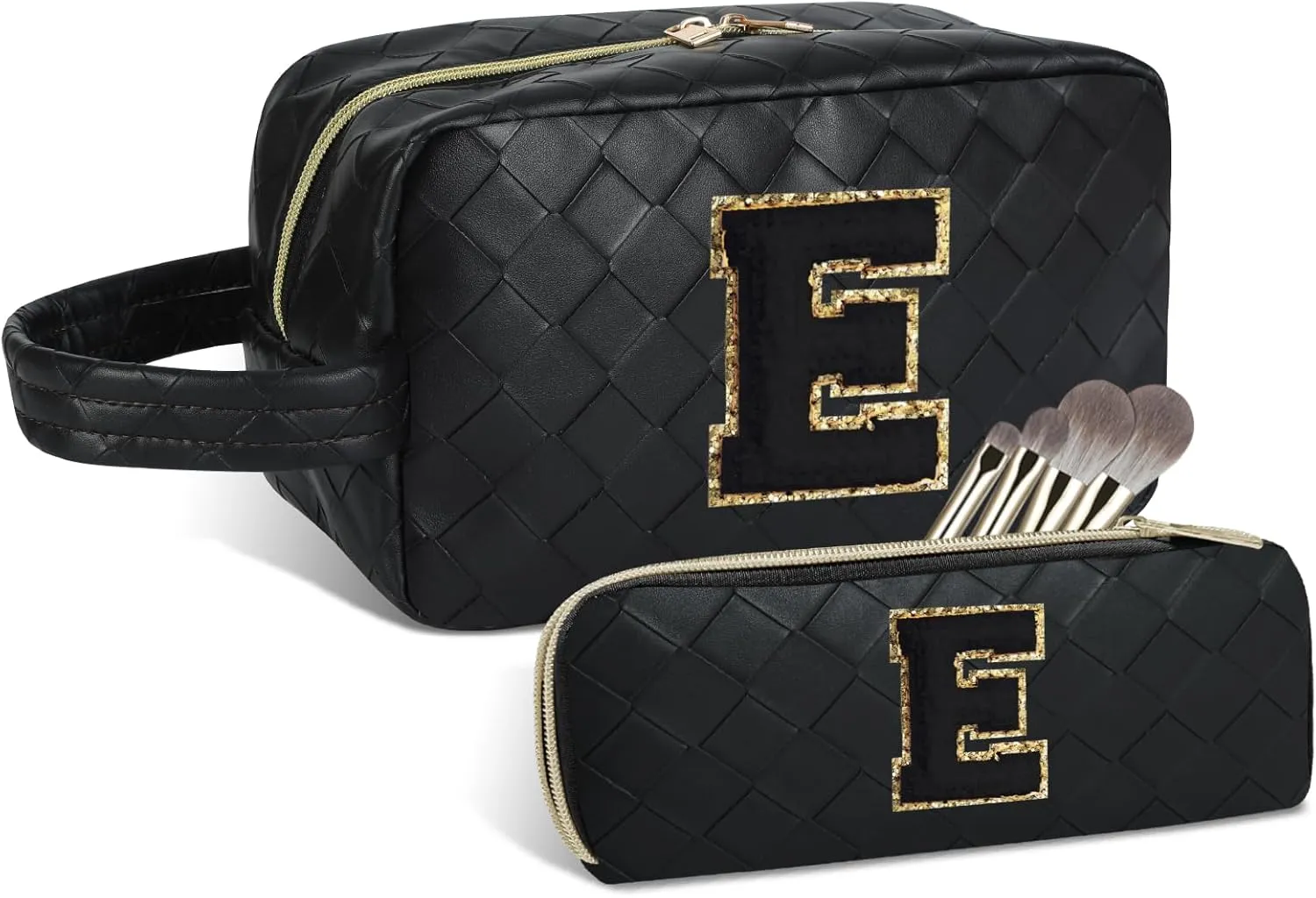 Personalized Initial Makeup Bag, Travel Cosmetic Bag with Small Makeup Brush Bag, Make Up Bags Pouch Travel Toiletry Bag, Birthday Gifts for Women Girls Valentine's Day Gifts (E, Black)