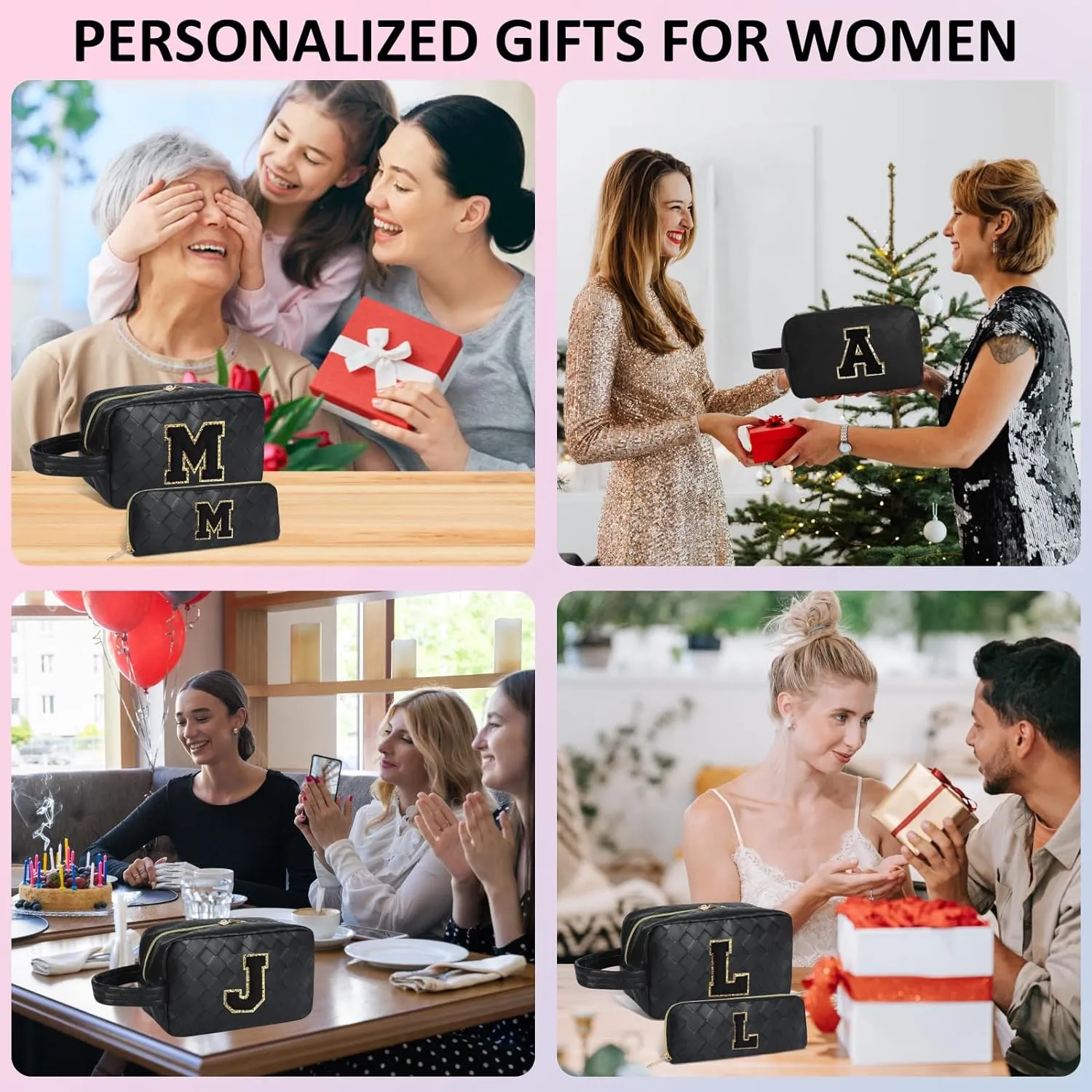Personalized Initial Makeup Bag, Travel Cosmetic Bag with Small Makeup Brush Bag, Make Up Bags Pouch Travel Toiletry Bag, Birthday Gifts for Women Girls Valentine's Day Gifts (E, Black)