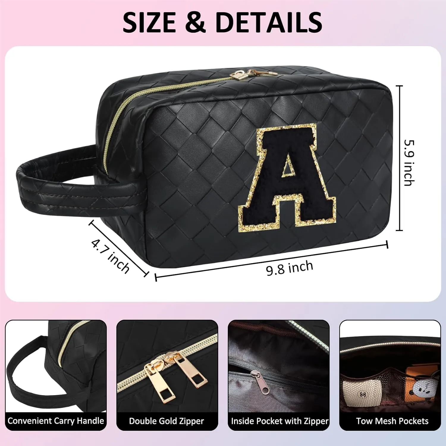 Personalized Initial Makeup Bag, Travel Cosmetic Bag with Small Makeup Brush Bag, Make Up Bags Pouch Travel Toiletry Bag, Birthday Gifts for Women Girls Valentine's Day Gifts (E, Black)