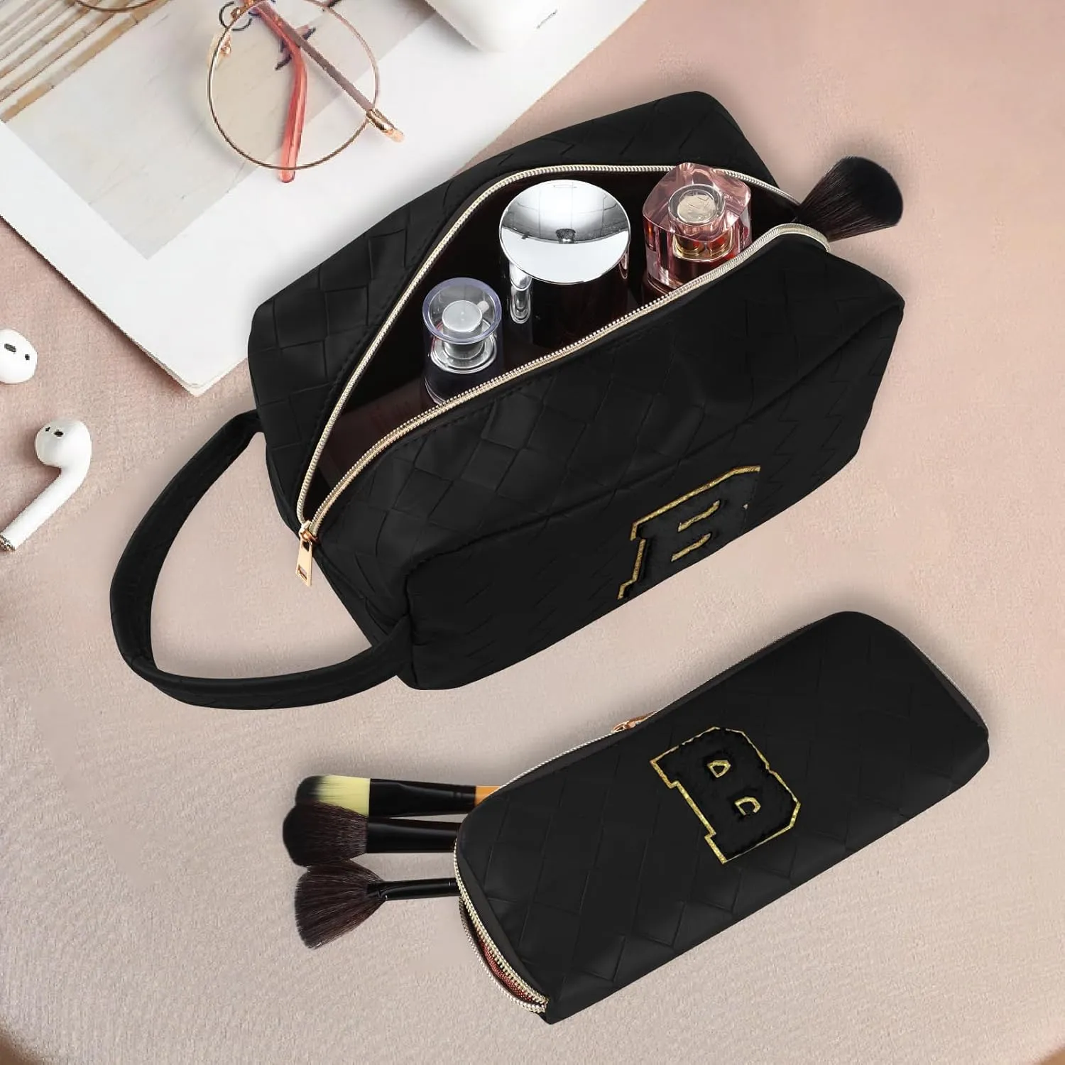 Personalized Initial Makeup Bag, Travel Cosmetic Bag with Small Makeup Brush Bag, Make Up Bags Pouch Travel Toiletry Bag, Birthday Gifts for Women Girls Valentine's Day Gifts (E, Black)