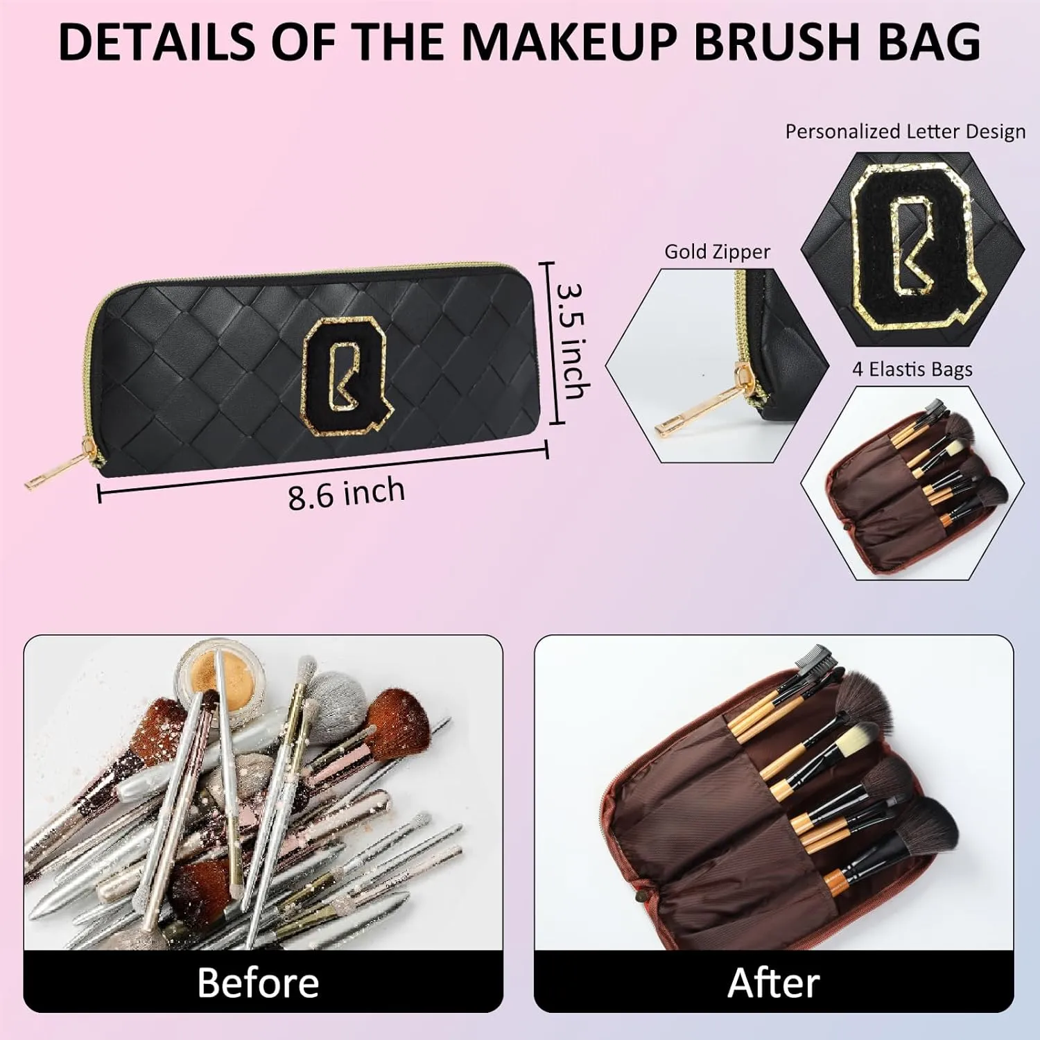 Personalized Initial Makeup Bag, Travel Cosmetic Bag with Small Makeup Brush Bag, Make Up Bags Pouch Travel Toiletry Bag, Birthday Gifts for Women Girls Valentine's Day Gifts (E, Black)