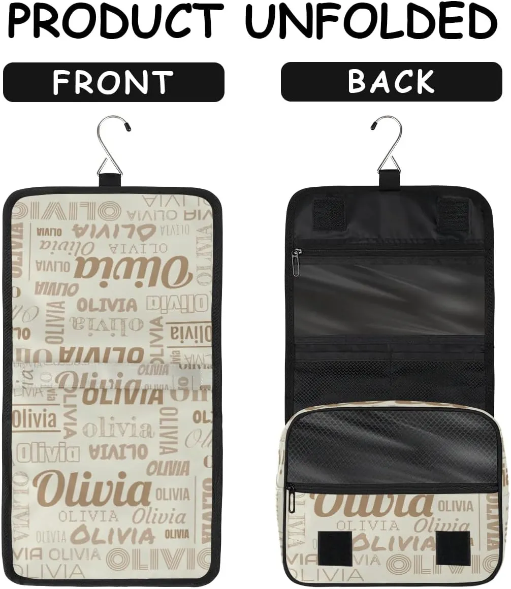 Personalized Name Travel Makeup Bag with Hanging Hook Custom Toiletry Bag Travel Cosmetics Case Waterproof for Women Men Accessories, Beige