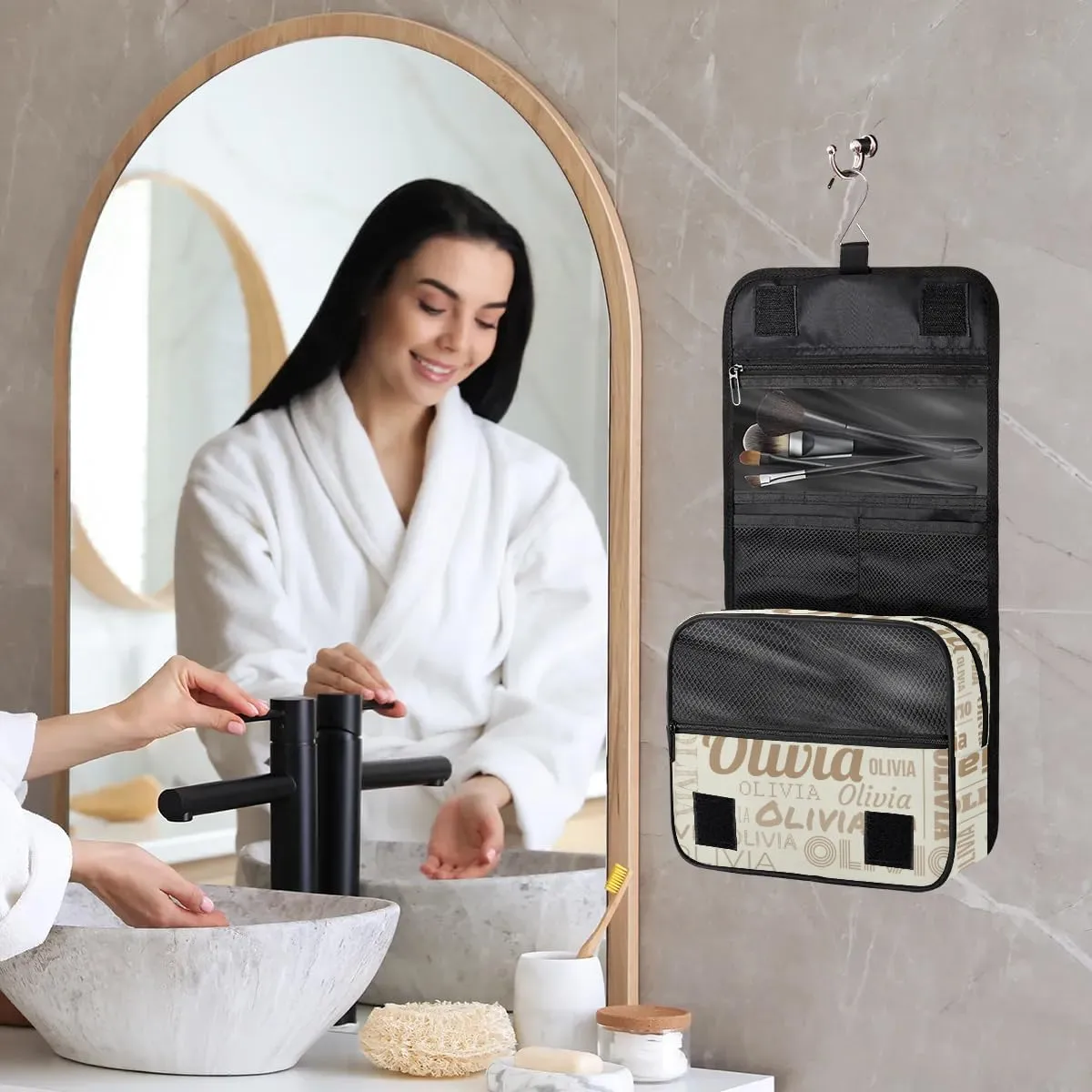 Personalized Name Travel Makeup Bag with Hanging Hook Custom Toiletry Bag Travel Cosmetics Case Waterproof for Women Men Accessories, Beige