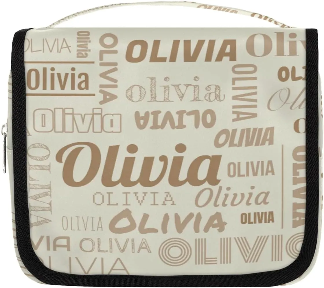 Personalized Name Travel Makeup Bag with Hanging Hook Custom Toiletry Bag Travel Cosmetics Case Waterproof for Women Men Accessories, Beige