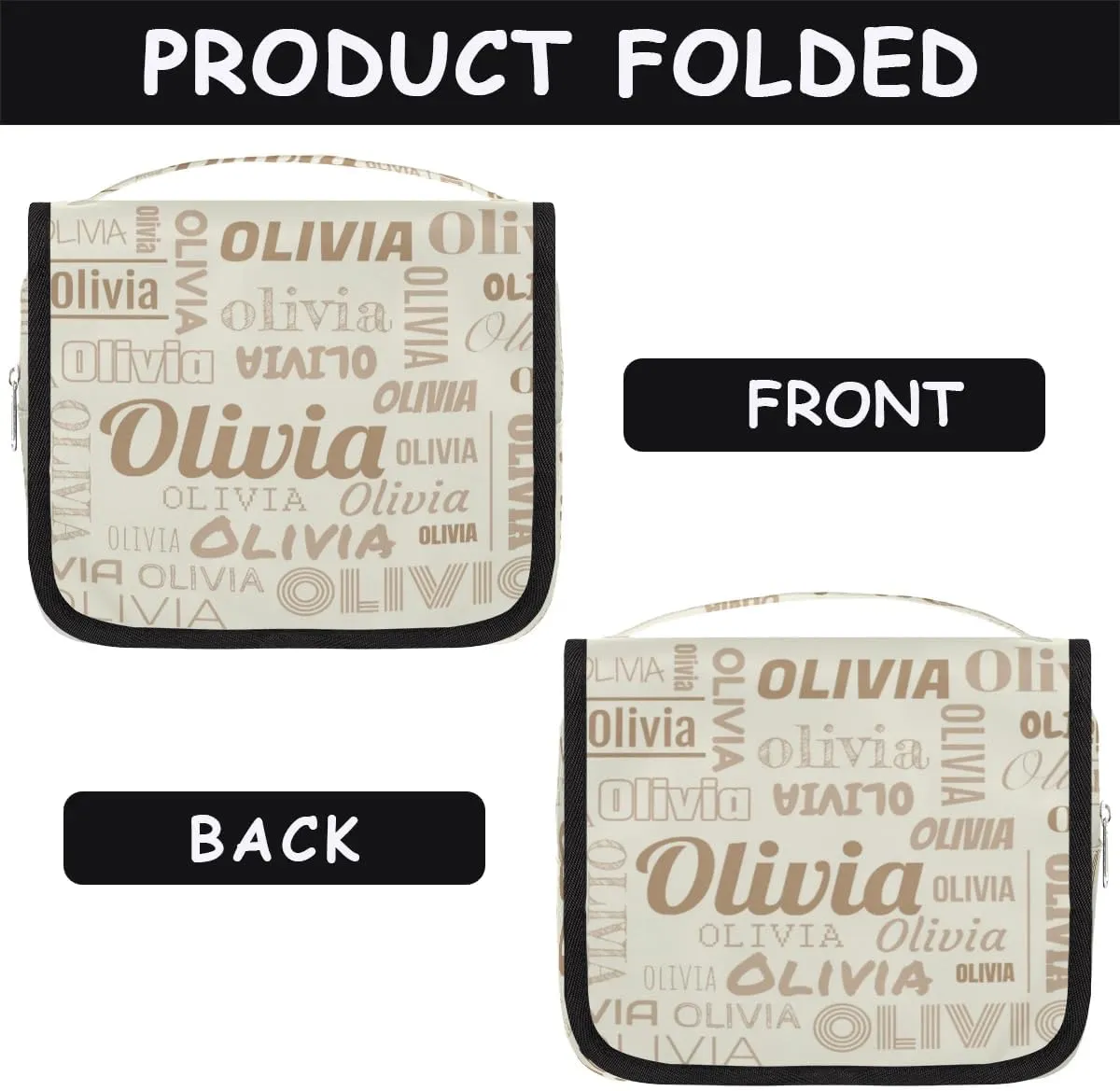 Personalized Name Travel Makeup Bag with Hanging Hook Custom Toiletry Bag Travel Cosmetics Case Waterproof for Women Men Accessories, Beige