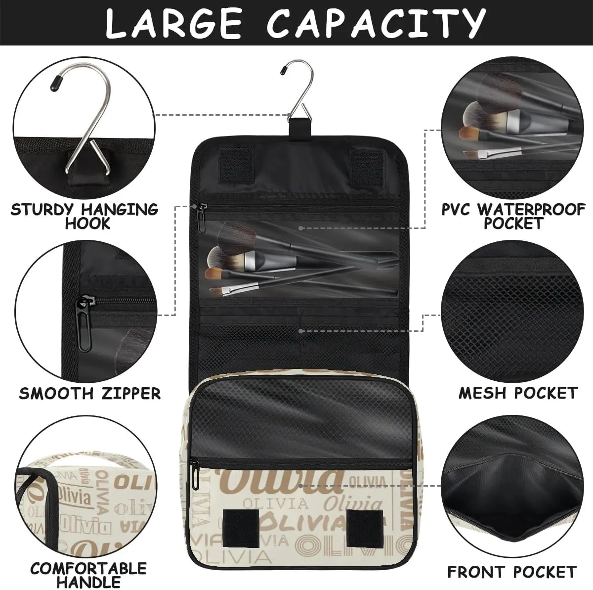 Personalized Name Travel Makeup Bag with Hanging Hook Custom Toiletry Bag Travel Cosmetics Case Waterproof for Women Men Accessories, Beige