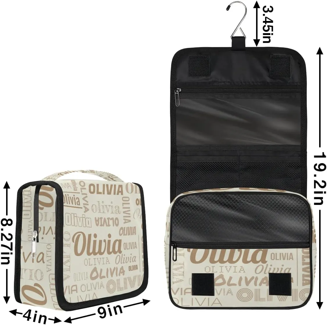 Personalized Name Travel Makeup Bag with Hanging Hook Custom Toiletry Bag Travel Cosmetics Case Waterproof for Women Men Accessories, Beige