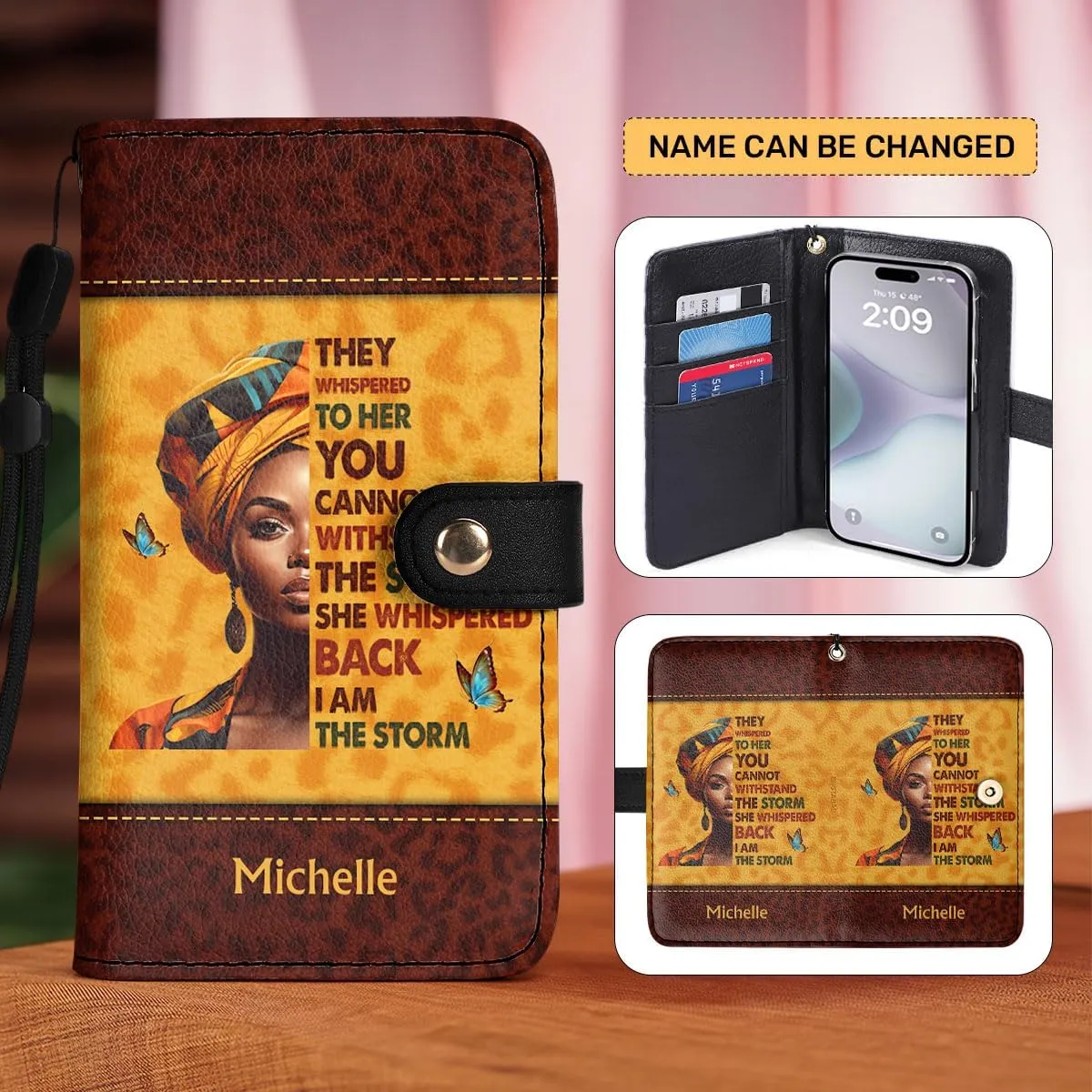 Personalized Phone Case Wallet Case with Card Holder, Sista Bag for Woman, for Mom, Grandma, Bestie Gifts for Women (I Am The Storm)
