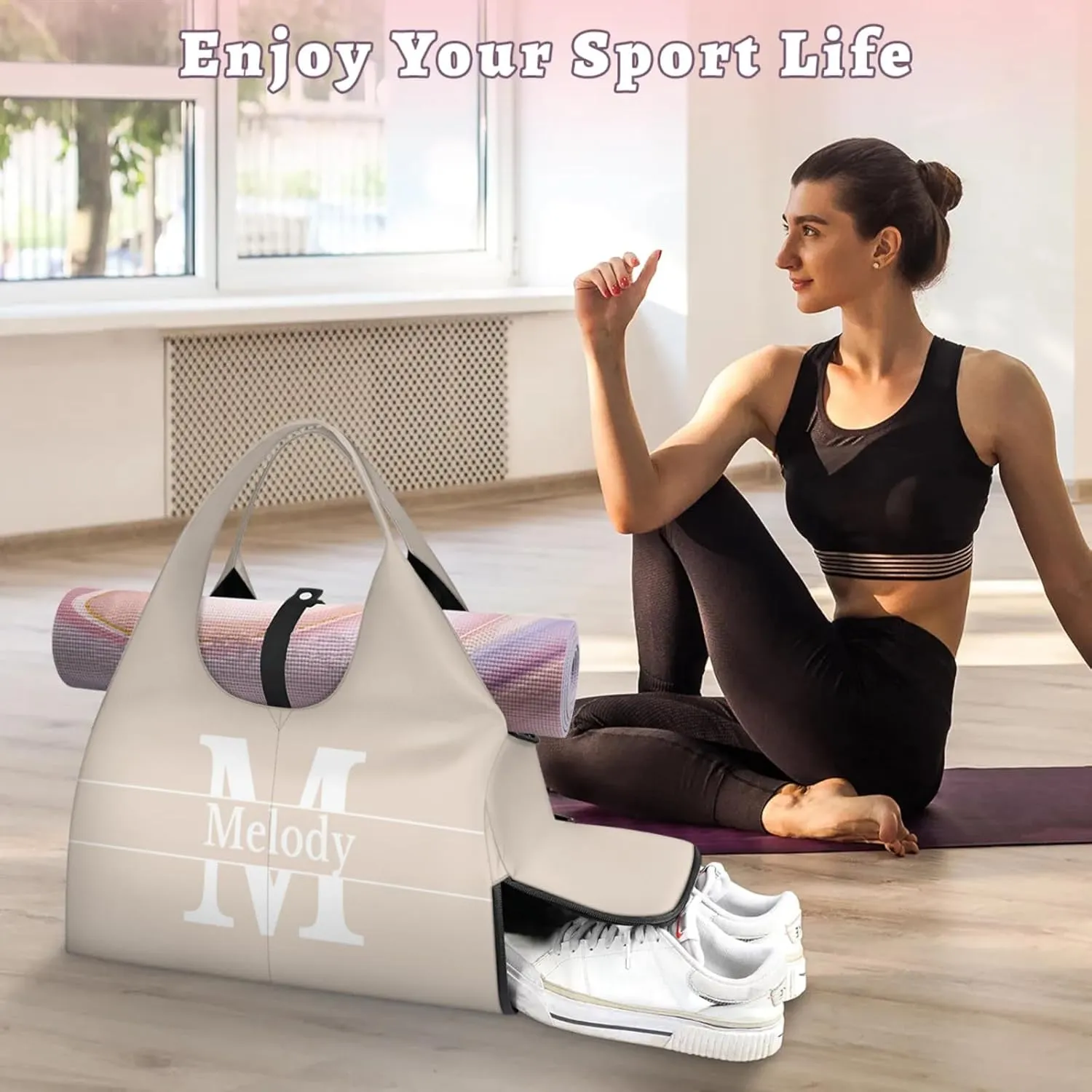 Personalized Yoga Mat Bag with Name Shoe Compartment, Solid Color Initial Letter Travel Tote Sport Gym Duffel Bag