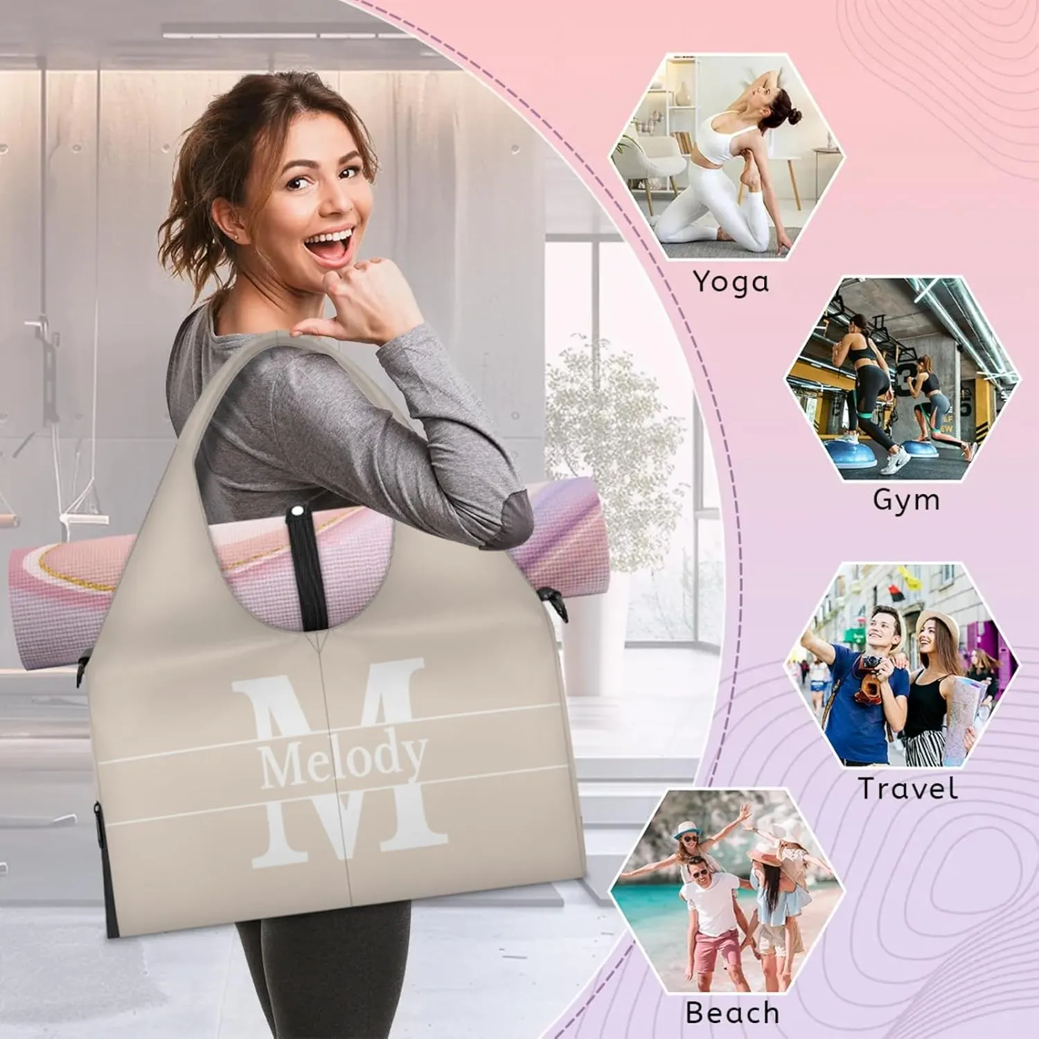 Personalized Yoga Mat Bag with Name Shoe Compartment, Solid Color Initial Letter Travel Tote Sport Gym Duffel Bag