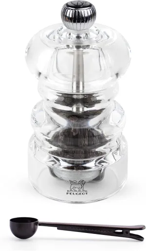 Peugeot - Nancy Acrylic Manual Pepper Mill - Transparent Adjustable Grinder Gift Set- With Stainless Steel Spice Scoop/Bag Clip, 3.5 Inch