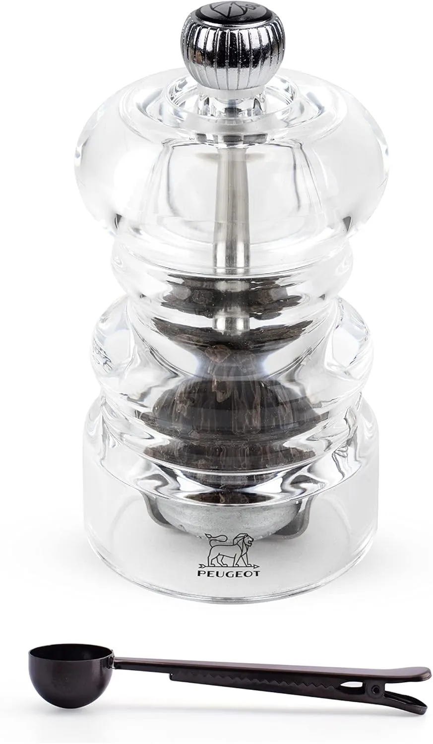 Peugeot - Nancy Acrylic Manual Pepper Mill - Transparent Adjustable Grinder Gift Set- With Stainless Steel Spice Scoop/Bag Clip, 3.5 Inch